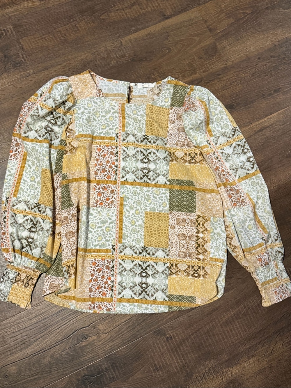 Pleione Patchwork Print Blouse in Mustard, Olive, Cream and Blush